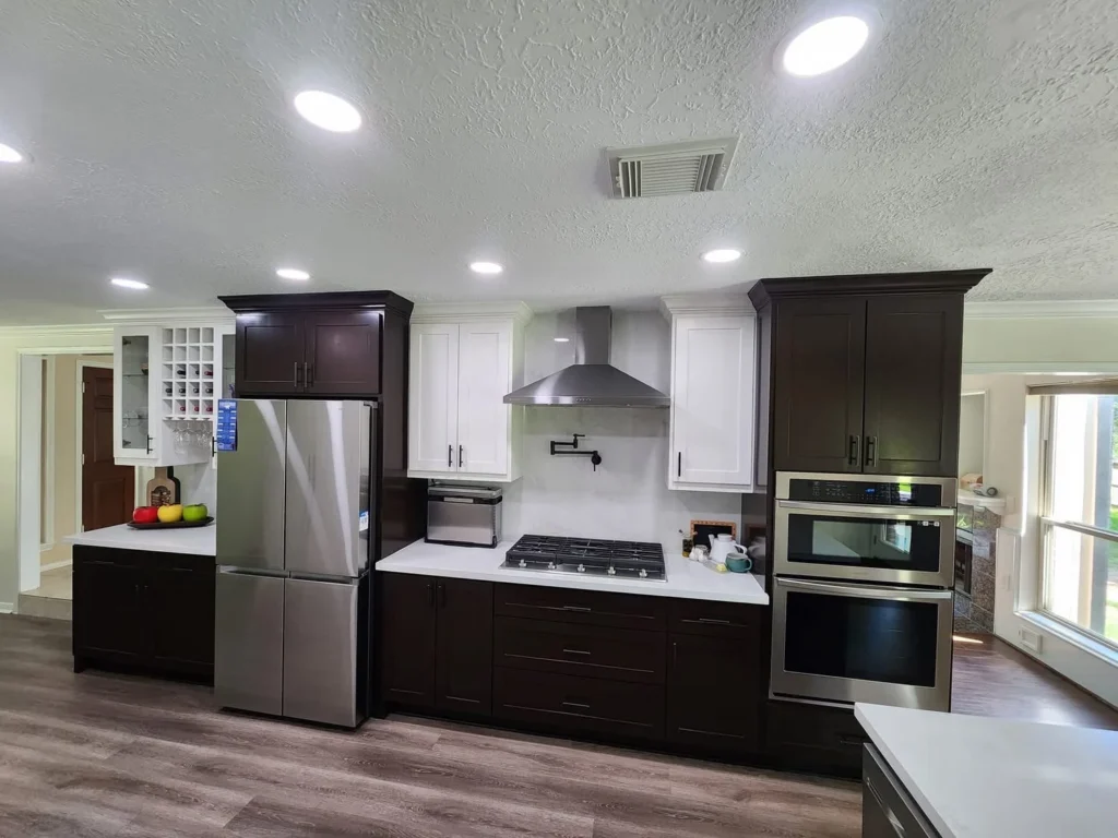 Modern kitchen with stainless steel appliances and island seating